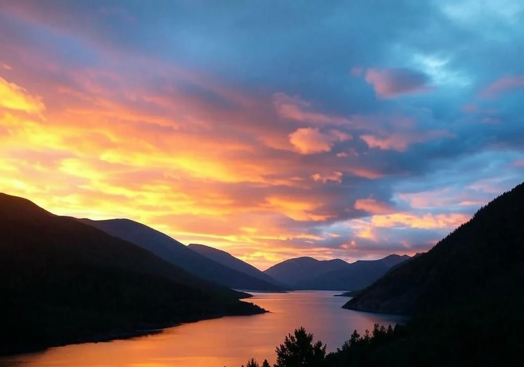 An orange sunrise over a lake between mountains
